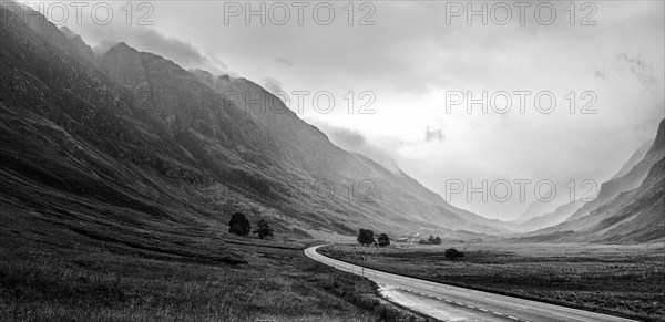 Panorama of Glencoe Roa in Black and White, Glencoe, Scotland, UK