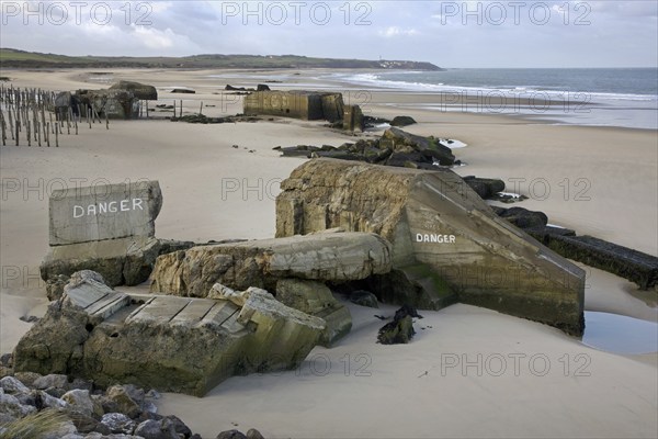 World War II concrete blockhouses on beach at Wissant, Nord-Pas de Calais, France, Europe