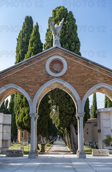 Passage gate and cypress avenue, Venice Central Cemetery, San Michele Cemetery Island, Venice,