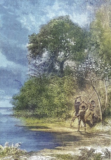 Three men slay an Ai, sloth, 1869, Amazon, Brazil, Historical, digitally restored reproduction of a