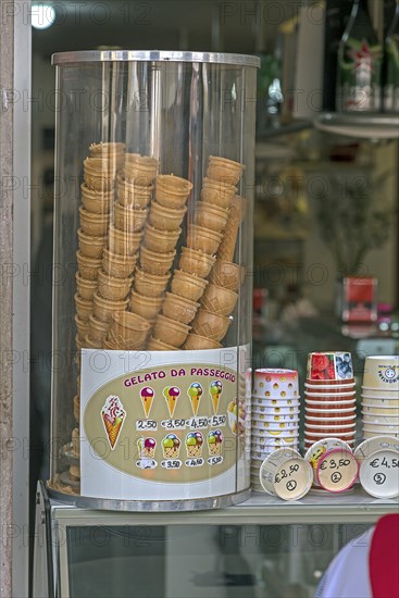 Ice cream cones and cups at an ice cream parlour, Genoa, Italy, Europe