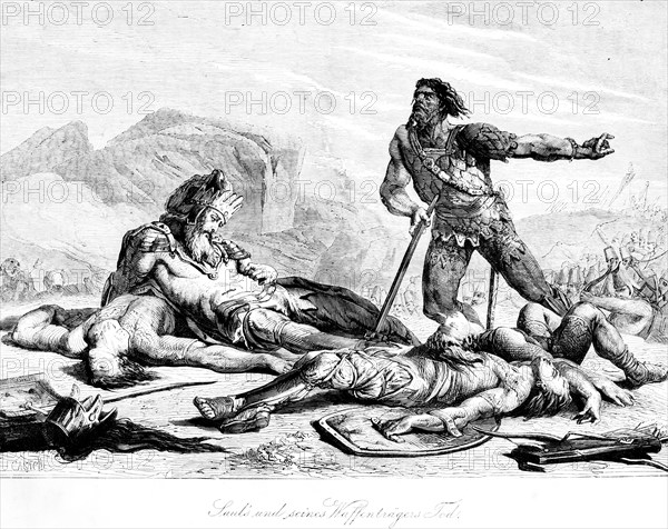 Saul and his armour-bearer's death, Saul, dying, sword, Gilboa, mourning, Philistines, mountains,