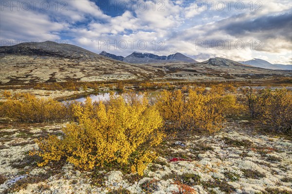 Autumn landscape in Rondane National Park, mountains Høgronden, Midtronden and Digerronden Dørålen,