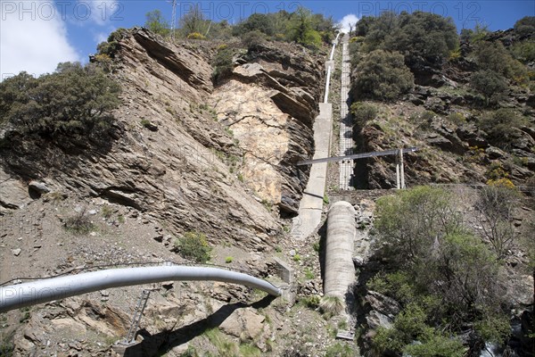 Pipeline for HEP electricity generation River Rio Poqueira gorge valley, High Alpujarras, Sierra
