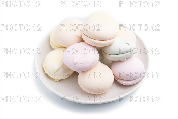 Colored zephyr or marshmallow isolated on white background. Side view, close up