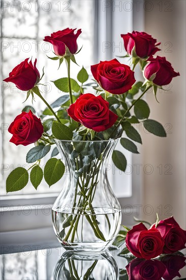 Transparent crystal glass vase with red blooming roses, AI generated