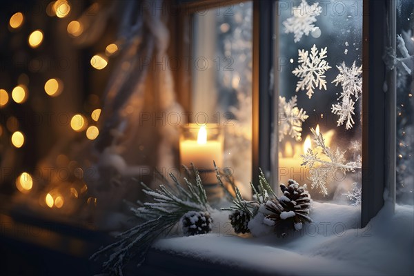 Snow-covered window with frost patterns, candlelight softly glowing through the glass, and warm,