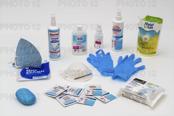 Hygiene articles to protect against infection by viruses, bacteria, disinfectants, wipes, rubber