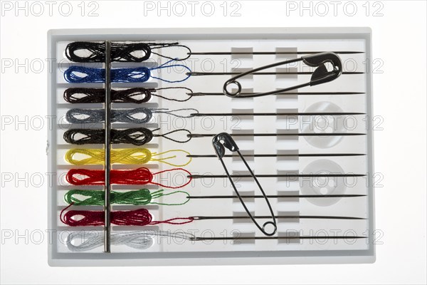 Sewing kit, sewing thread and sewing needles, already threaded, various colours, ready to sew,