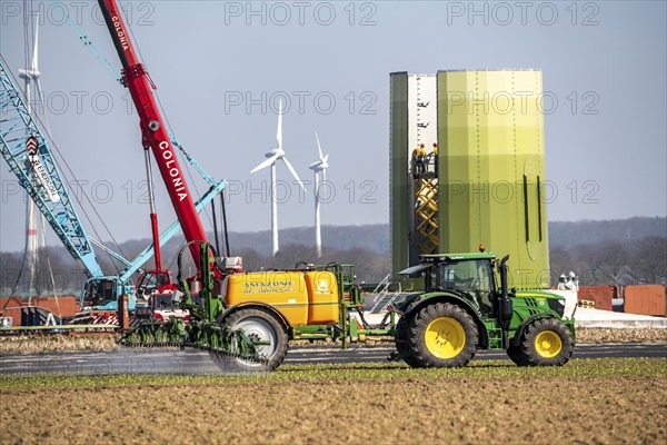 Construction of a wind turbine, Enercon steel pillar, near Kerken, Kleve district, on the Lower