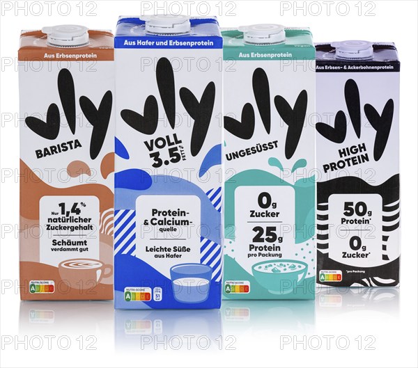 Vly vegan pea milk Milk substitute different flavours coloured against a white background