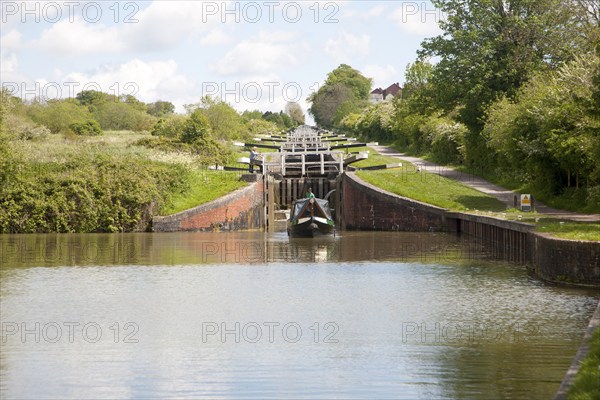 Caen Hill flight of locks on the Kennet and Avon canal Devizes, Wiltshire, England, United Kingdom,