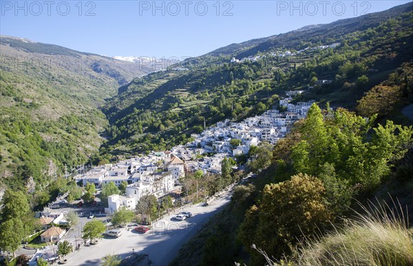 River Poqueira Gorge and village of Pampaneira, High Alpujarras, Sierra Nevada, Granada province,