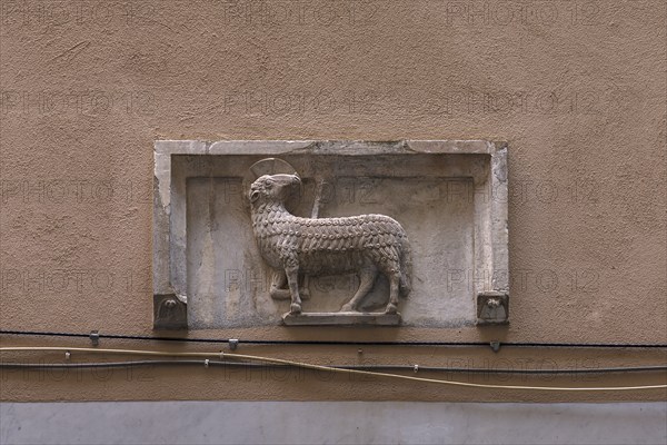 Sculpture of the Lamb of God above an entrance door, historic city centre, Genoa, Italy, Europe