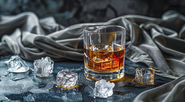 A glass of liquor whiskey or scotch. Close-up of expensive classy whiskey drink, AI generated