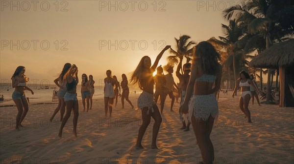 Young adults dancing on the beach enjoy the sunset on their vacation, generatvie AI, AI generated