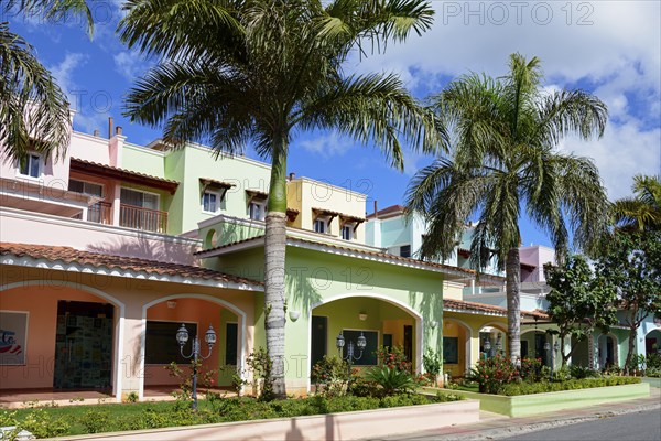 Colourful houses under a blue sky with palm trees create a tropical and relaxed atmosphere,