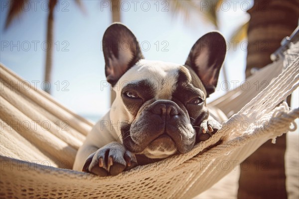 French Bulldog dog in hammock at beach. KI generiert, generiert AI generated