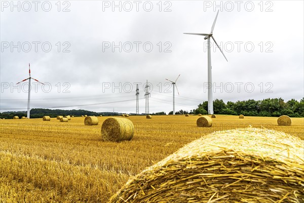 Power lines, high-voltage power lines, wind turbines, grain field, north-east of Höxter, North