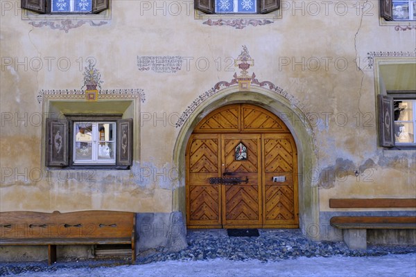Entrance doors, sgraffito in the house walls, Scuol, Engadin, Graubünden, Switzerland, Europe