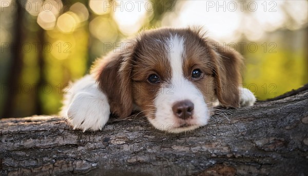 KI generated, dog, dogs, puppy, one, two, three, play, snow, winter, autumn leaves, blue sky,