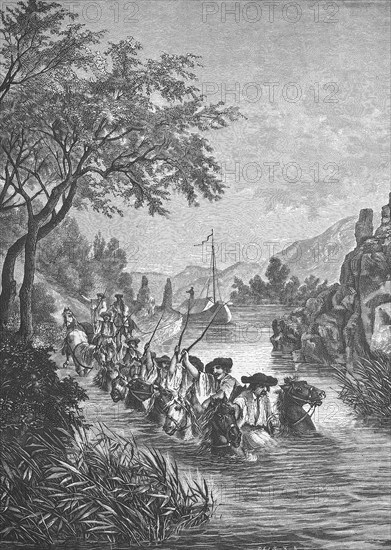 Hungarian ship pullers in a branch of the Danube near Hainburg, Historical, digitally restored