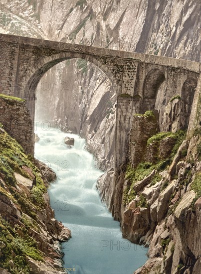 Teufelsbrücke, Andermatt, Switzerland, Historic, digitally restored reproduction from a 19th