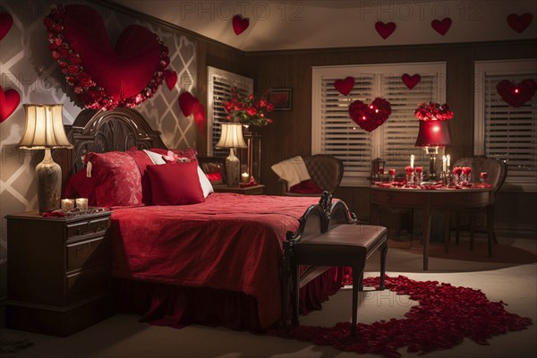 A cozy bedroom adorned with red and white heart-shaped balloons, rose petals, and candles creating