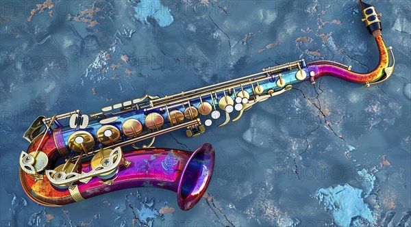 A colorful saxophone is displayed on a wall, AI generated