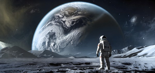 An astronaut stands on a lunar-like surface gazing at an immense planet rising, AI generated