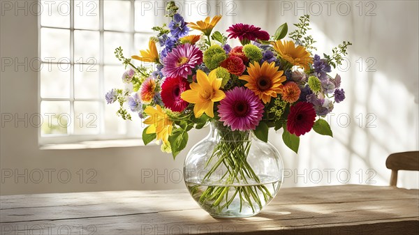 Transparent crystal glass vase with vibrant blooming flowers, AI generated