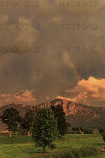 Evening mood with clouds and rainbow over mountains, summer, Loisach-Lake Kochel-Moore, view of
