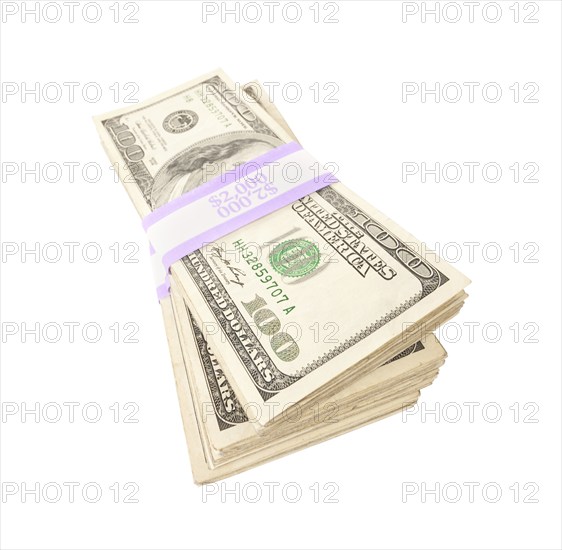 Ten thousand dollar stacks of one hundred dollar bills isolated on white