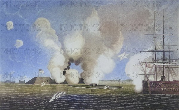 First naval battle between ironclads. The Confederate CSS Virginia, formerly Merrimack, on the left