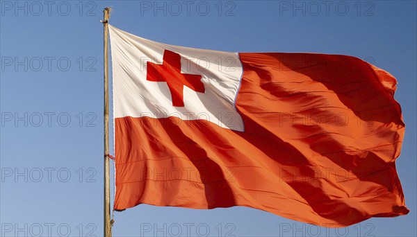 The flag of Tonga, Pacific island state, flutters in the wind, isolated against a blue sky