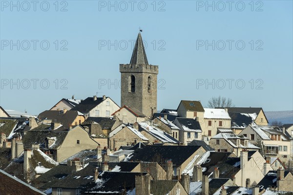 Dungeon Tower of Saint Chely d'Apcher in winter, Margeride, Lozere department, Occitanie, France,