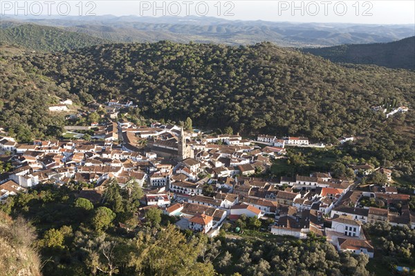 Overhead oblique angle view of village of Alajar, Sierra de Aracena, Huelva province, Spain, Europe
