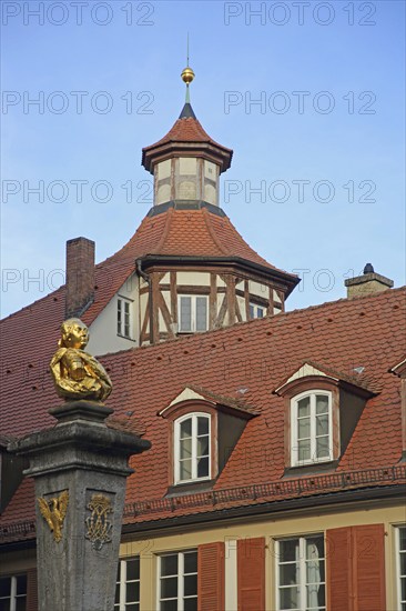 Community centre of St. Gumbertus with monument to Johann Sebastian Bach at the