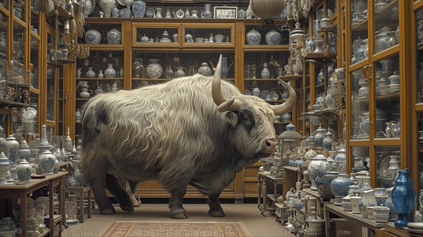 Very large bull with horns in a China shop filled with glassware. generative AI, AI generated