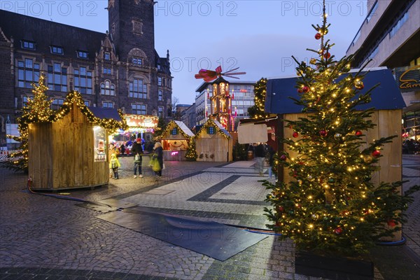 Stalls, Christmas trees and Christmas pyramid at the Christmas market at Neumarkt, Blue Hour,