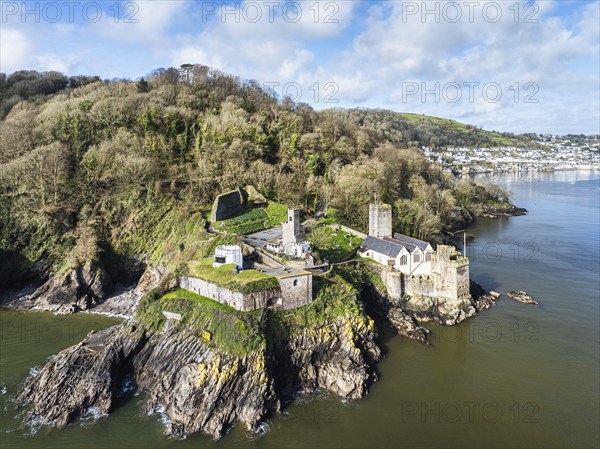 Dartmouth Castle over River Dart from a drone, Dartmouth, Kingswear, Devon, England, United