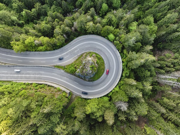 Aerial view, top down view from the federal road B31, Kreuzfelsenkurve in the southern Black
