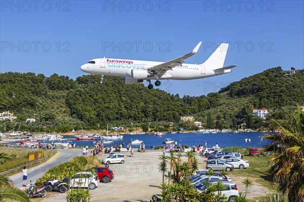 A Eurowings Discover Airbus A320 aircraft with the registration D-AIUZ at Skiathos Airport, Greece,