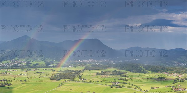 Panorama from Grünten over the Illertal with rainbow to Blaichach and Immenstadt, behind