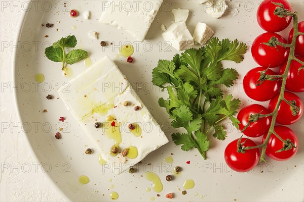 Feta cheese, for salads, with cherry, green butter, greens, on a white plate, appetizer, top view,