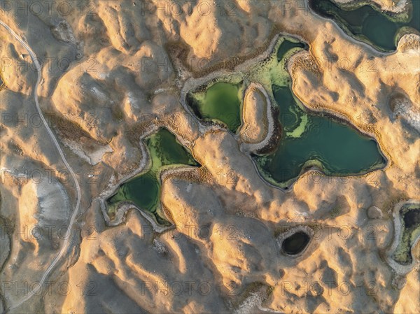 Green lakes between golden hills with gravel road, top down shot, aerial view, Trans Alay