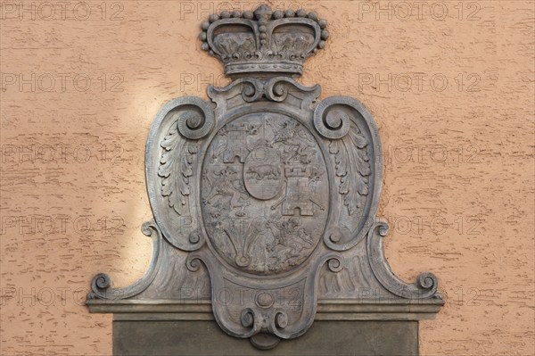 Coat of arms of the Thurn and Taxis family on a house wall, Regensburg, Upper Palatinate, Bavaria,