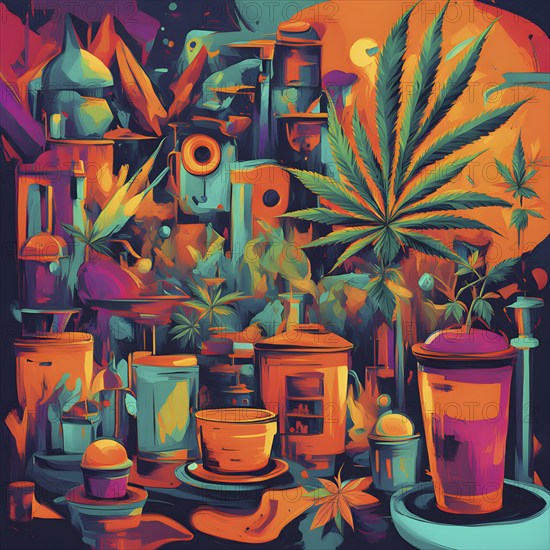 Abstract composition of a cannabis cafe with ambiance bold contrasting colors and playful shapes,