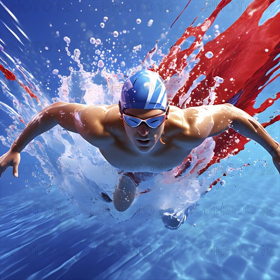 Abstract digital render of an olympic triathlete in swimming morphing into fluid shapes, AI