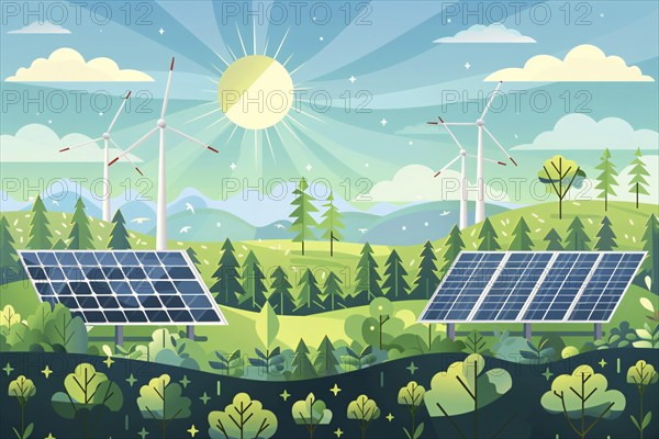 Renewable energy concept illustration with wind turbines and solar panels. KI generiert, generiert,